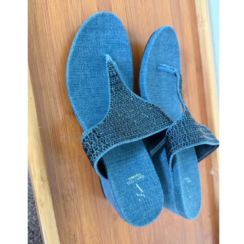 Simply Vera Vera Wang Blue Denim Rhinestone Wedge Sandals Slides Womens 8.5 M